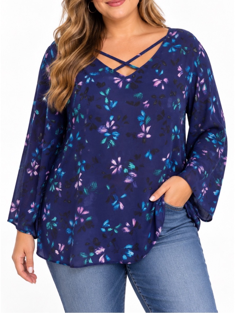 Apt. 9 Navy Floral Cross-Front Blouse- size 2x